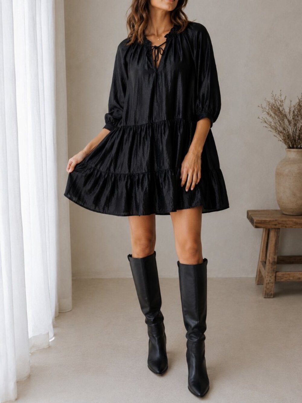 Hudson North Women’s Black Tiered Mini Dress Tunic 3/4 Sleeve Boho Size S
